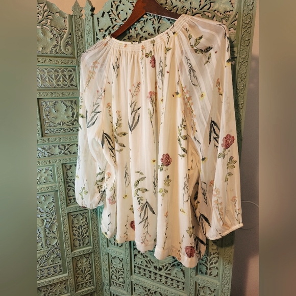 Kaari | Floral Ivory Long Sleeve Smocked Sheer Long Sleeve Blouse | Size 3X - Picture 3 of 11